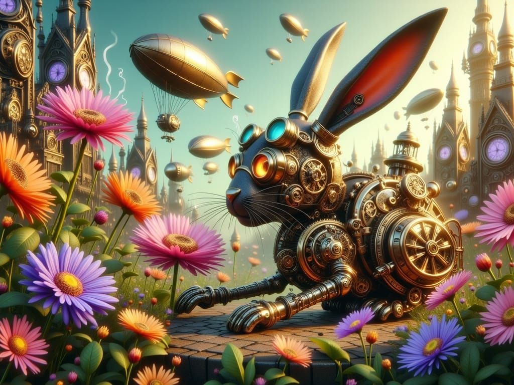Steampunk Mechanical Rabbit Tending a Metallic Garden