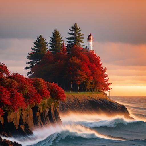 Lighthouse Surrounded by Autumnal Trees and Fog