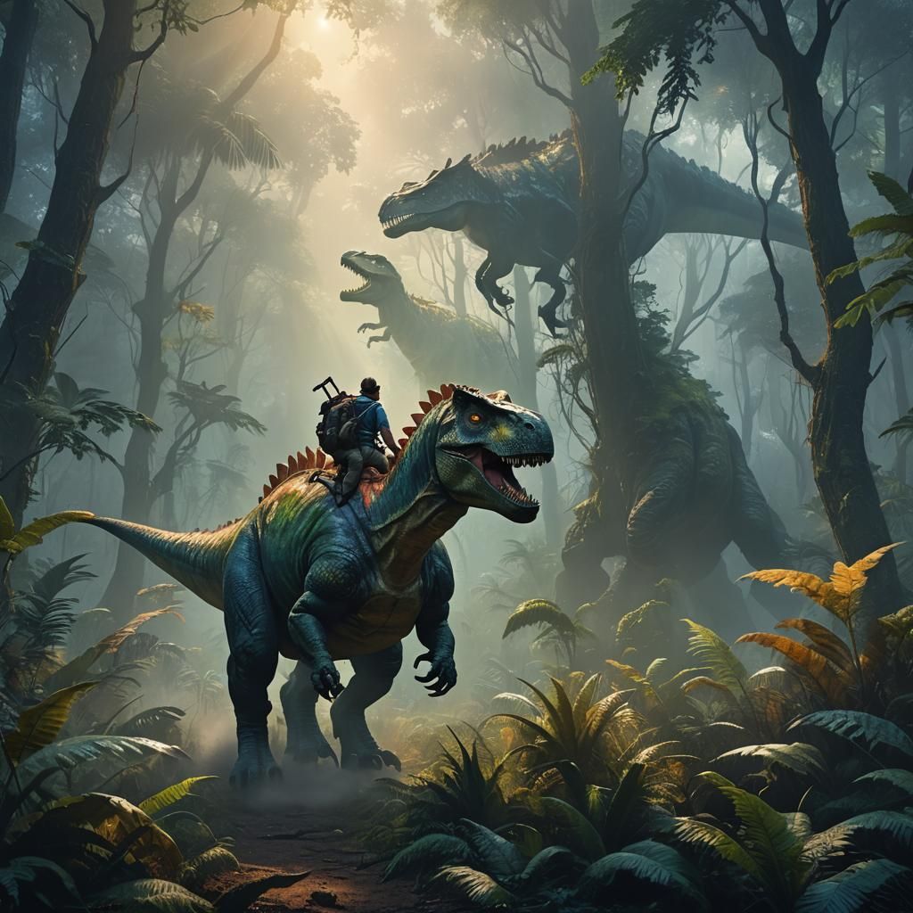 Human Riding Dinosaur in Prehistoric Forest