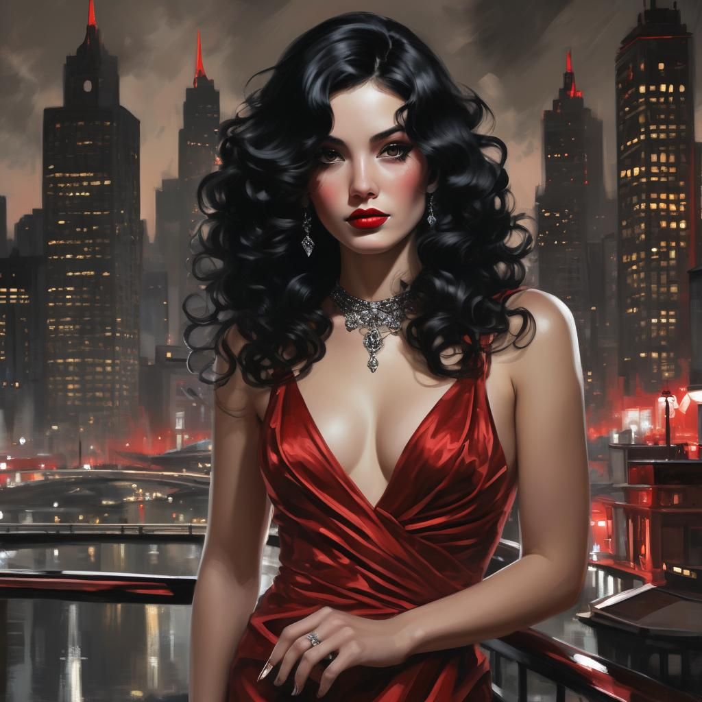 Mysterious Woman in Red Gown: Noir-Style AI Painting