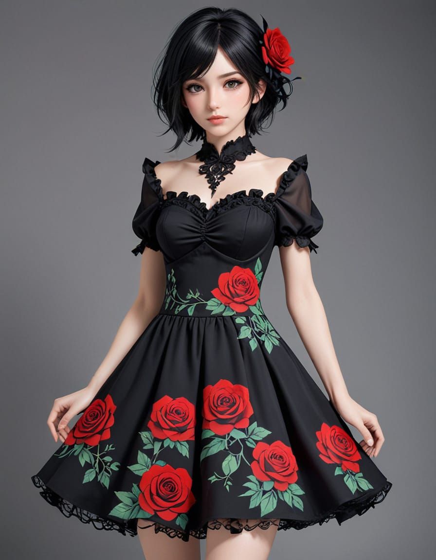 Anime Girl in Black Roses Dress