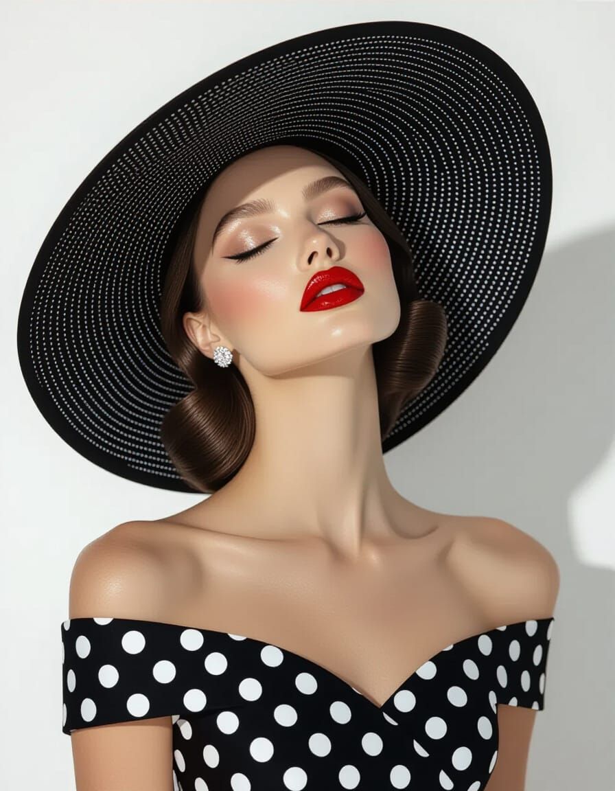 Elegant Woman in Polka Dots, Bold Red Lips