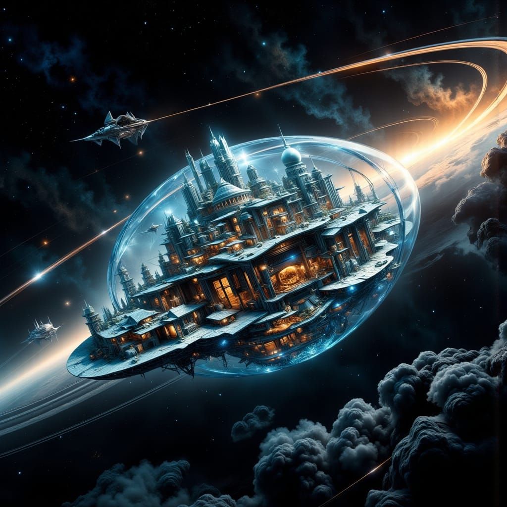 Glass Spaceship Soaring Through Saturn's Rings