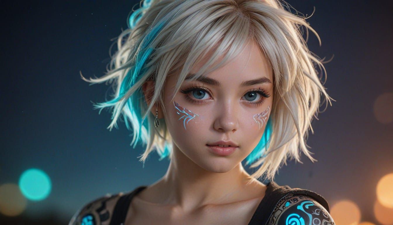 Kawaii Waifu Shines with Neon Tribal Tattoos in Moonlit Glam...
