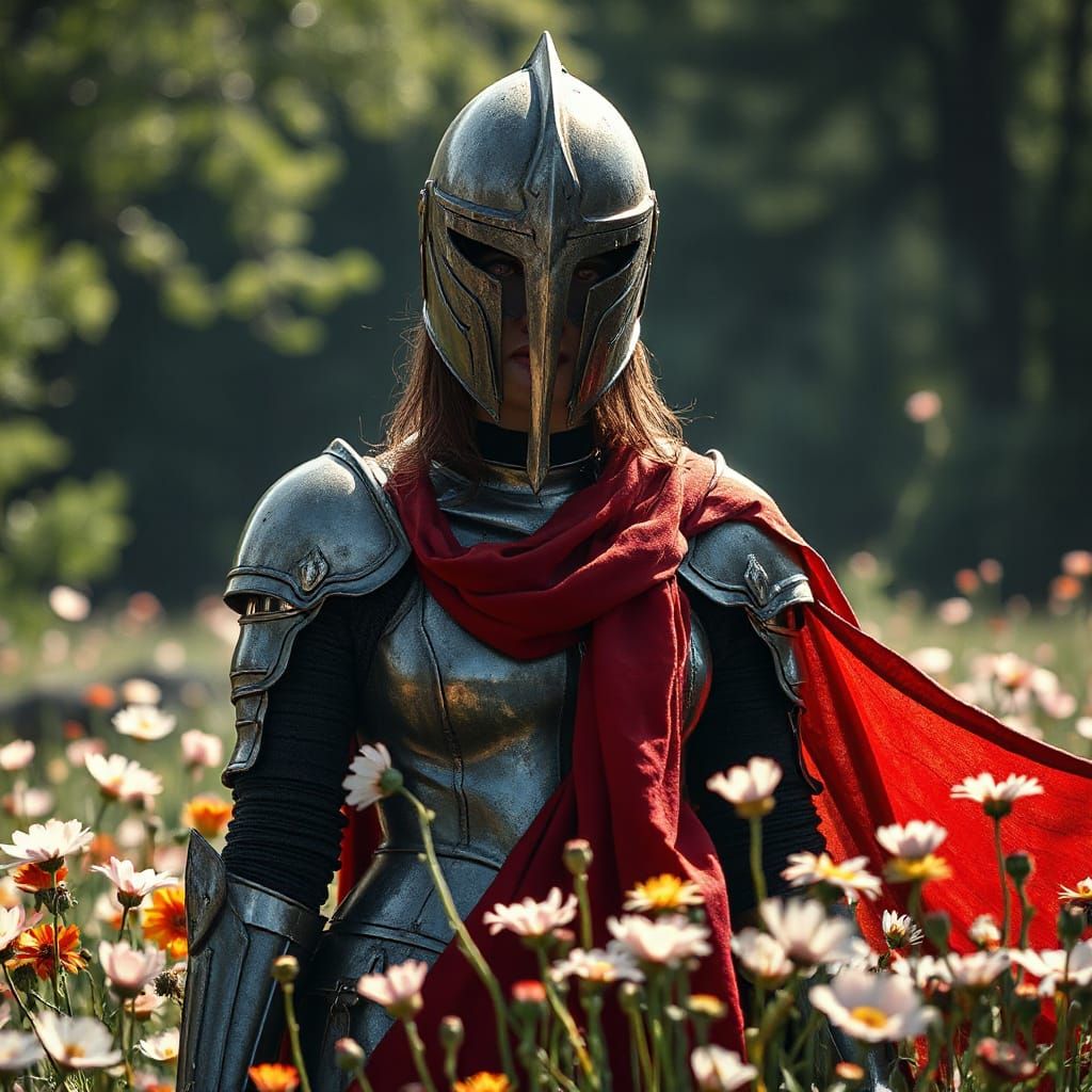 Gothic Female Knight Amidst Wildflowers in Sunlit Splendor