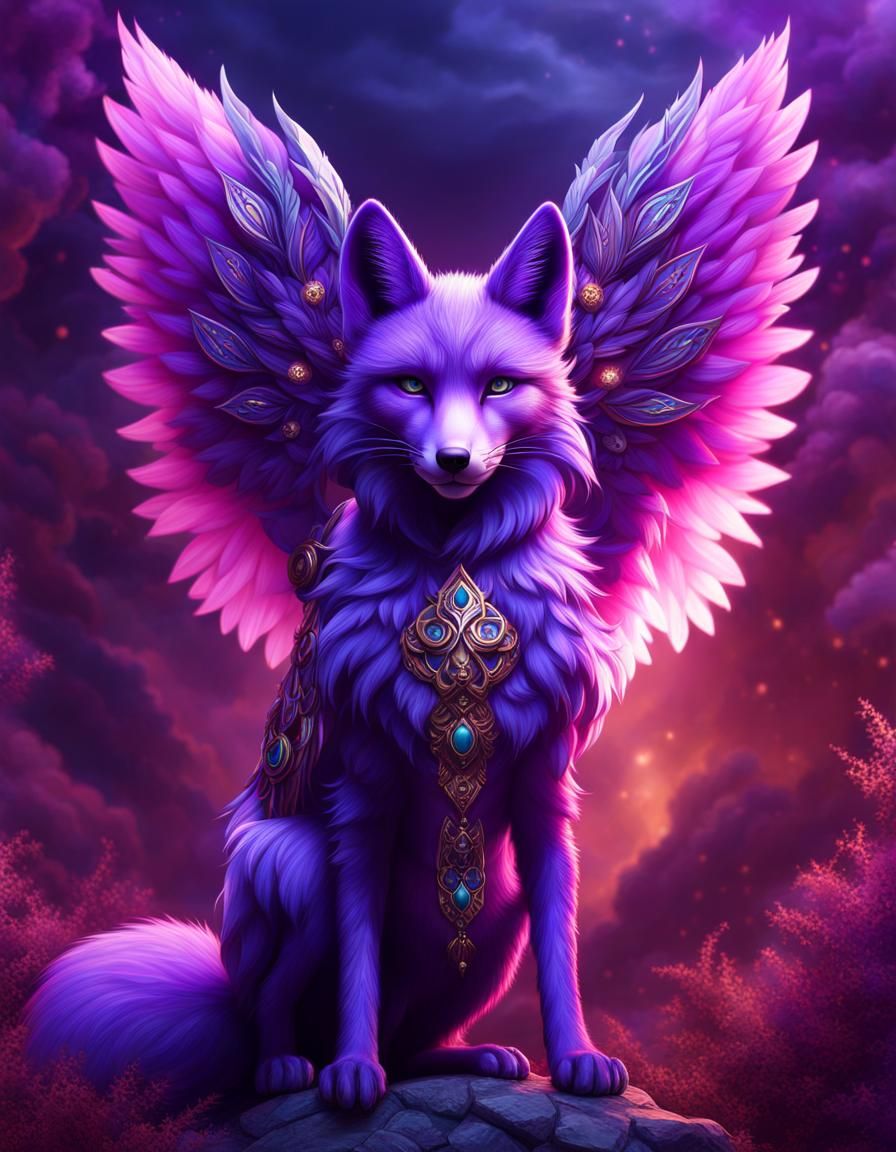 Purple Angel Fox Portrait on Psychedelic Background