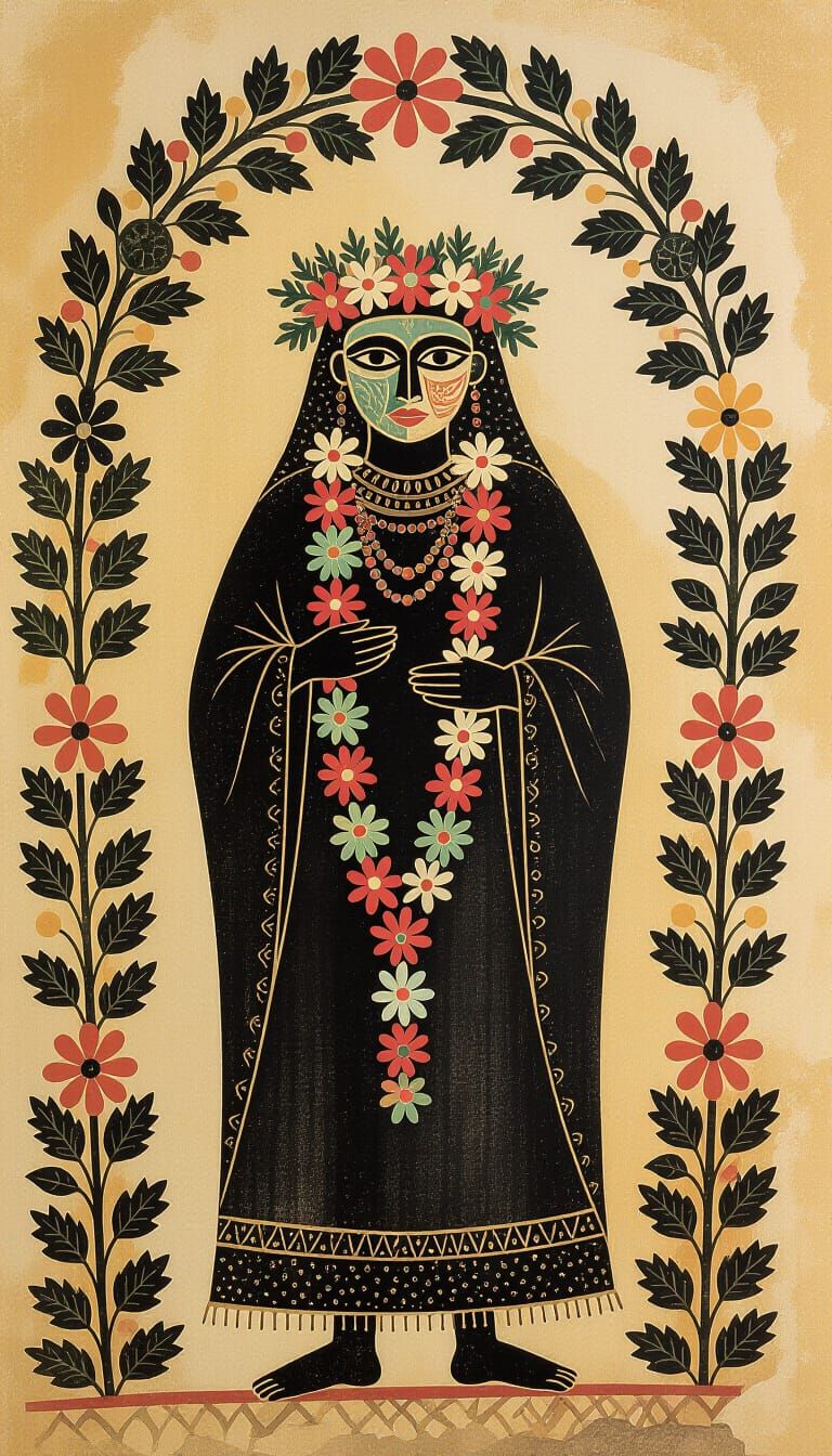 Paleolithic Cave Art of Flowered Figure in Foliage Archway