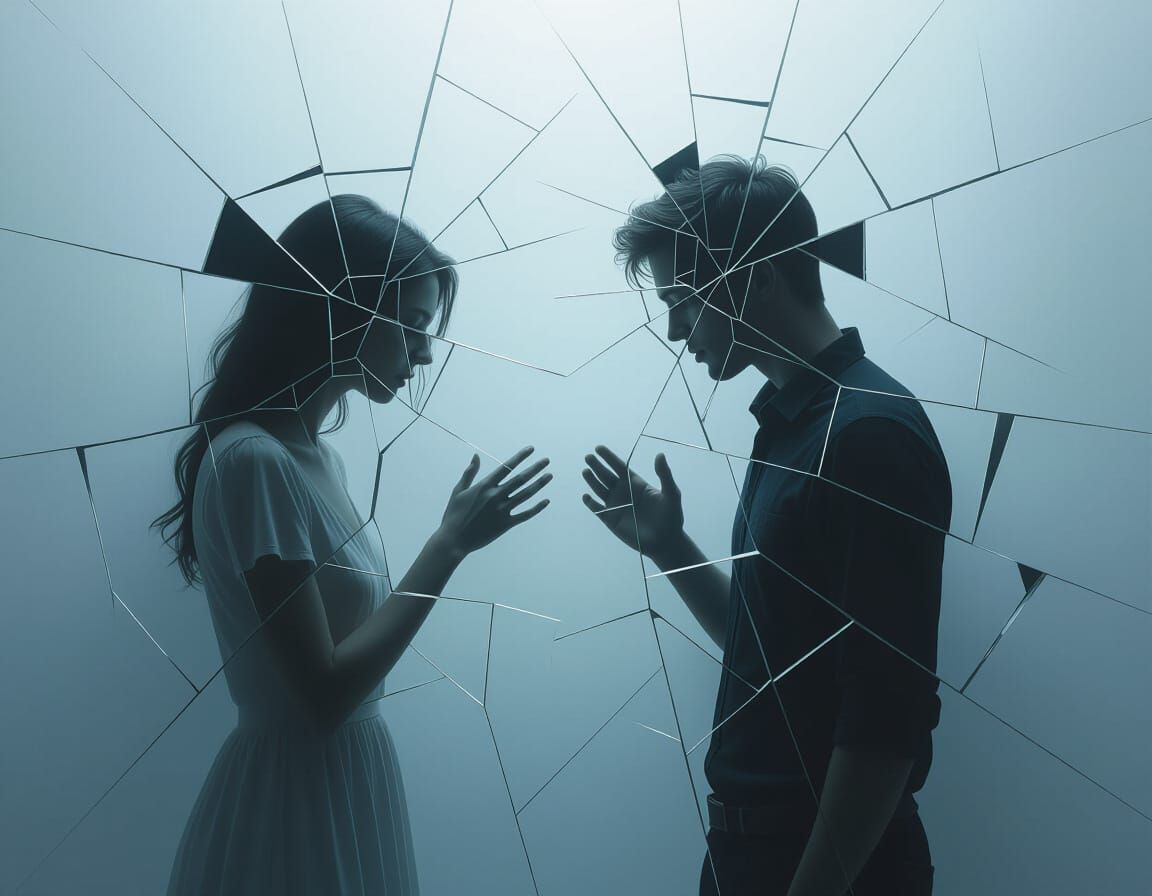 Fractured Figures in Abstract Heartbreak Scene