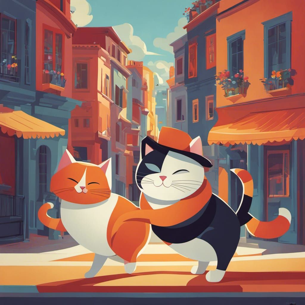 Cats Dancing Tango in Cartoon Style