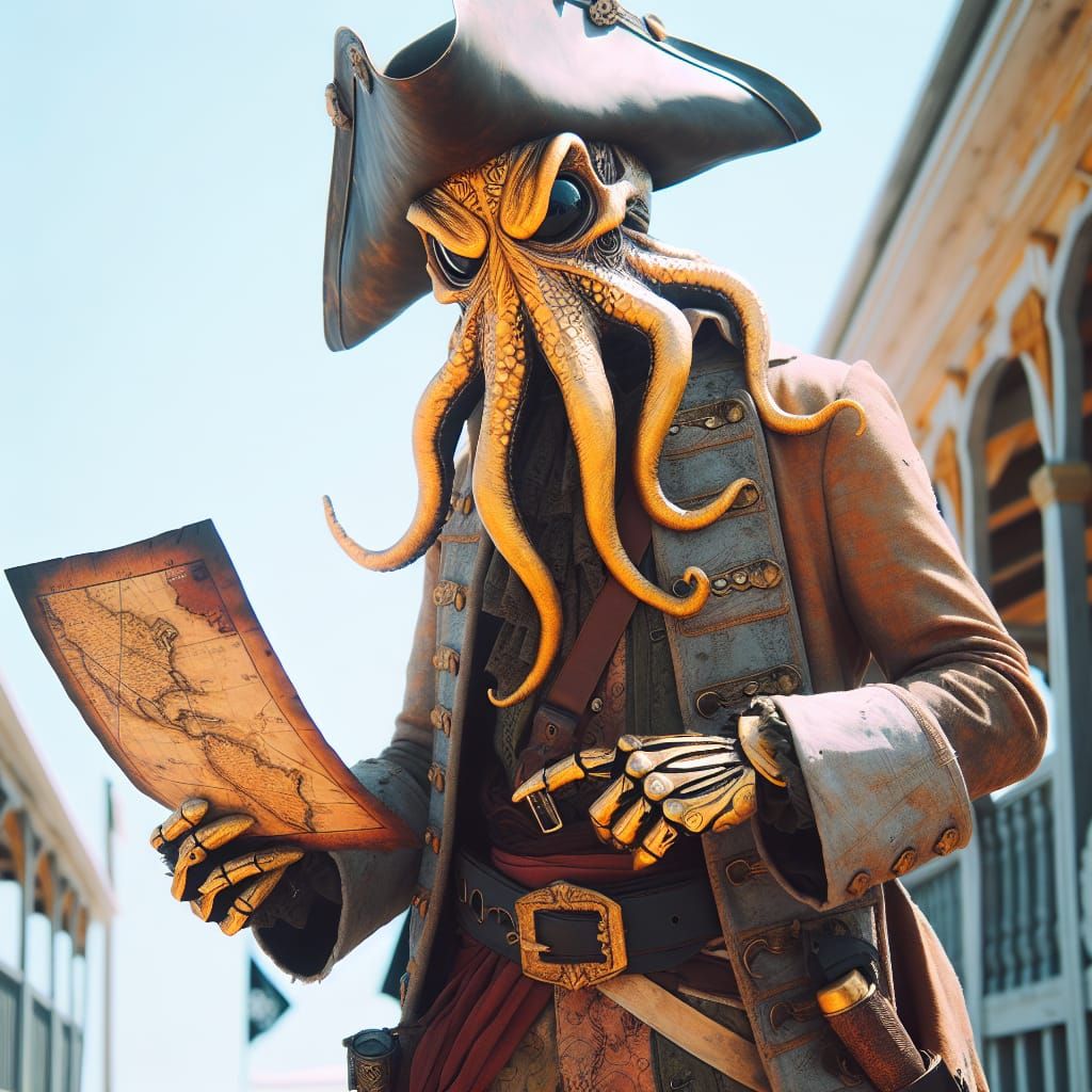 Pirate with Golden Octopus Mask Holds Treasure Map