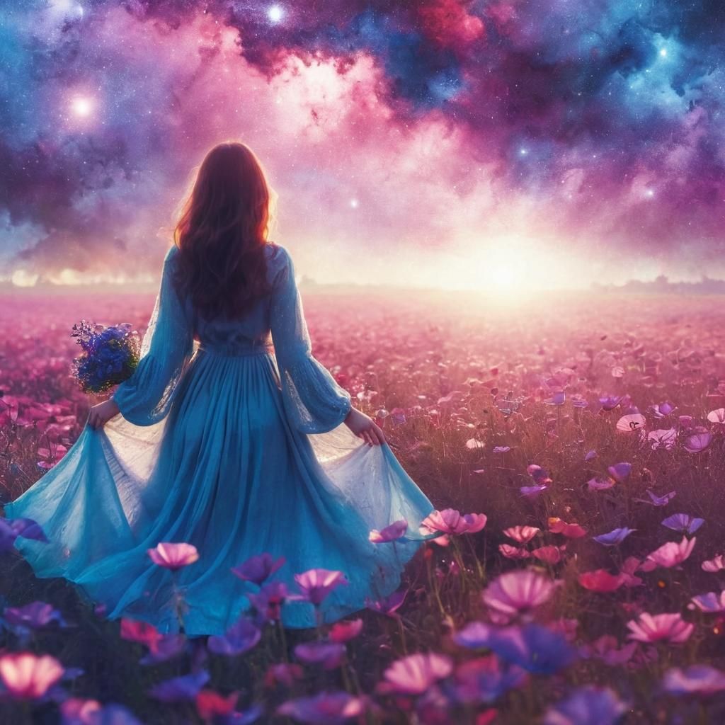 Woman Walking Through Field of Poppies