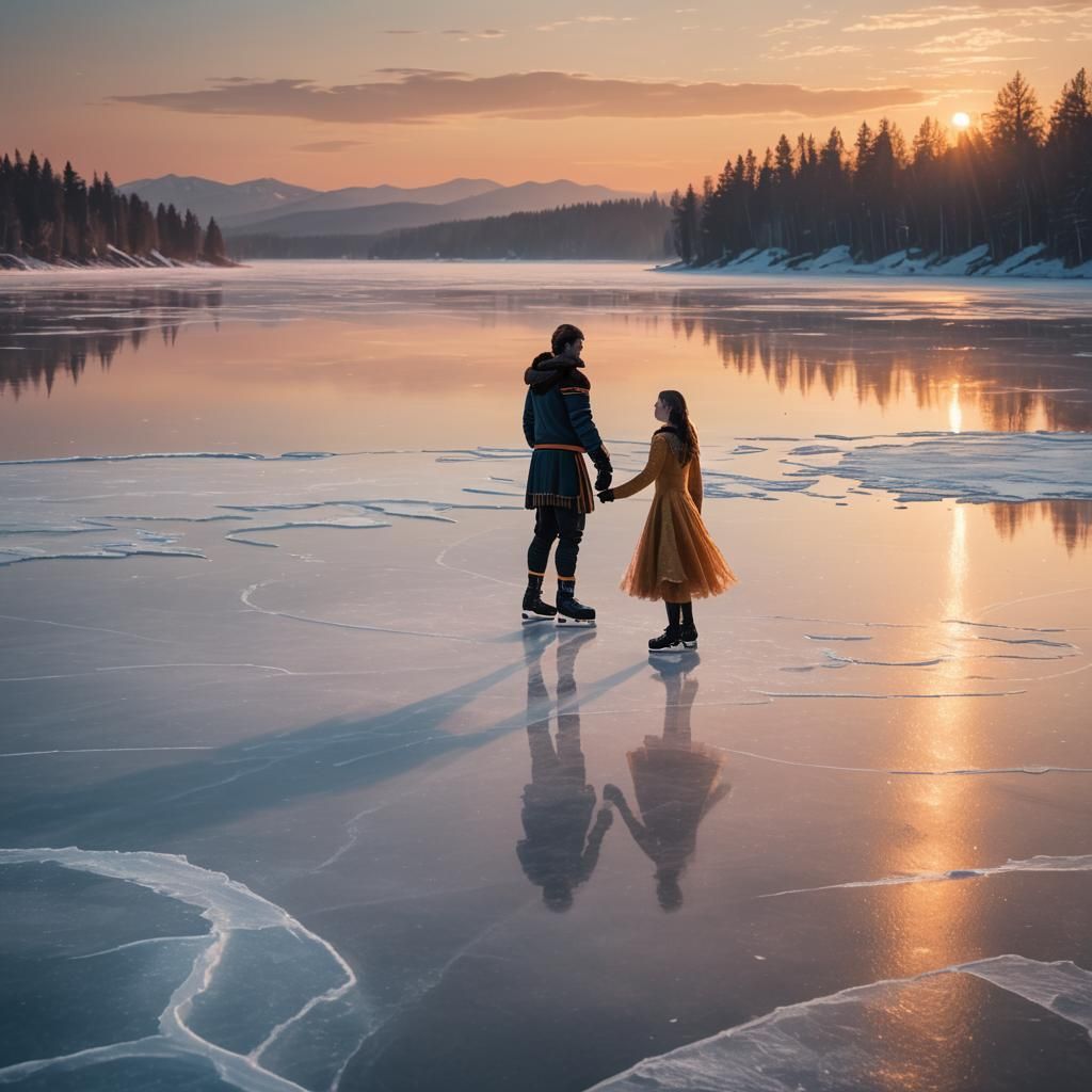 Hockey Player and Skater on Frozen Lake