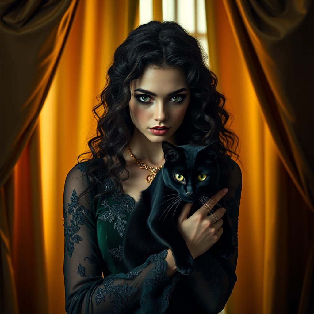 Elegant Woman with Velvet Dress and Regal Cat in Golden Ligh...