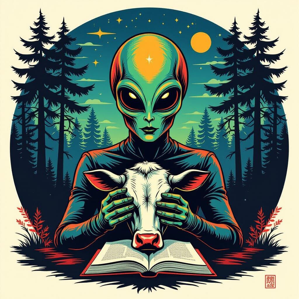 Ominous Alien Grips Cow Head in Dark Forest, Screen Print St...
