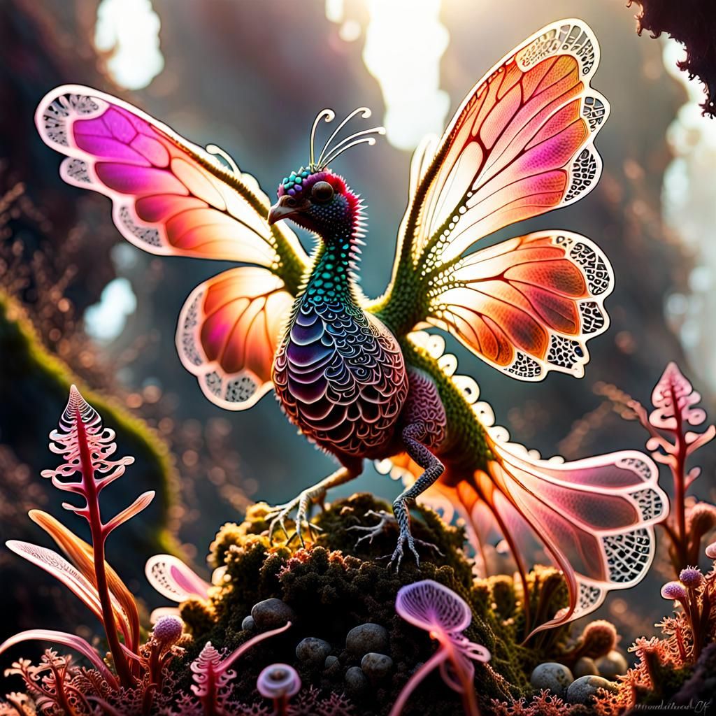 Ethereal Pheasant-Wizard in Bioluminescent Fractal Landscape