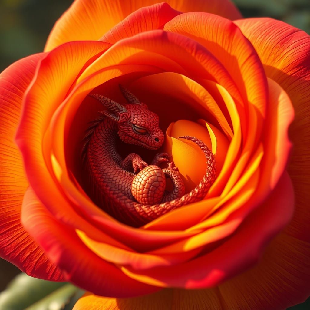 Tiny Crimson Dragon in Golden Rose Petals