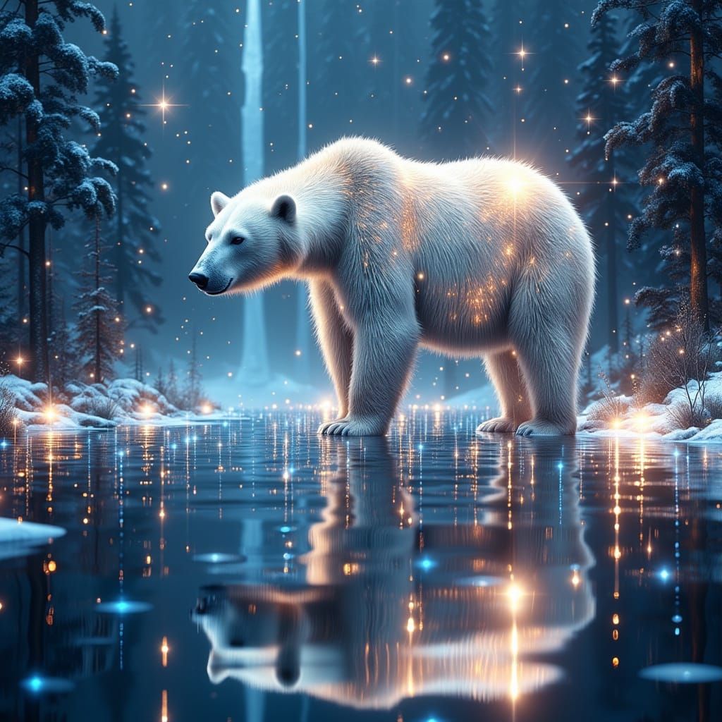 <lora:Exquisite Flux:1.0> Prism lights beaming down on an artic landscape, lights reflected on the landscape all around....