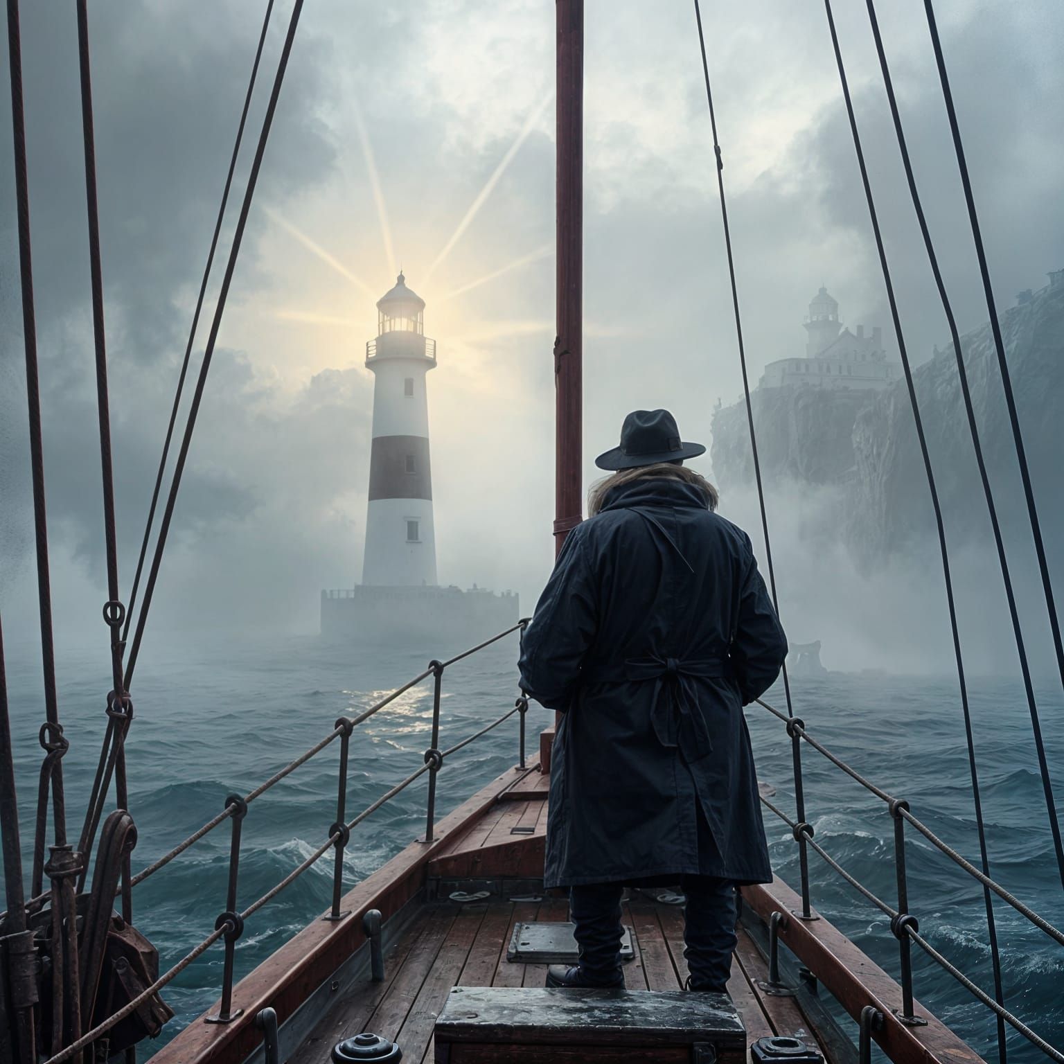 Lighthouse in Fog: Ship's Bow View