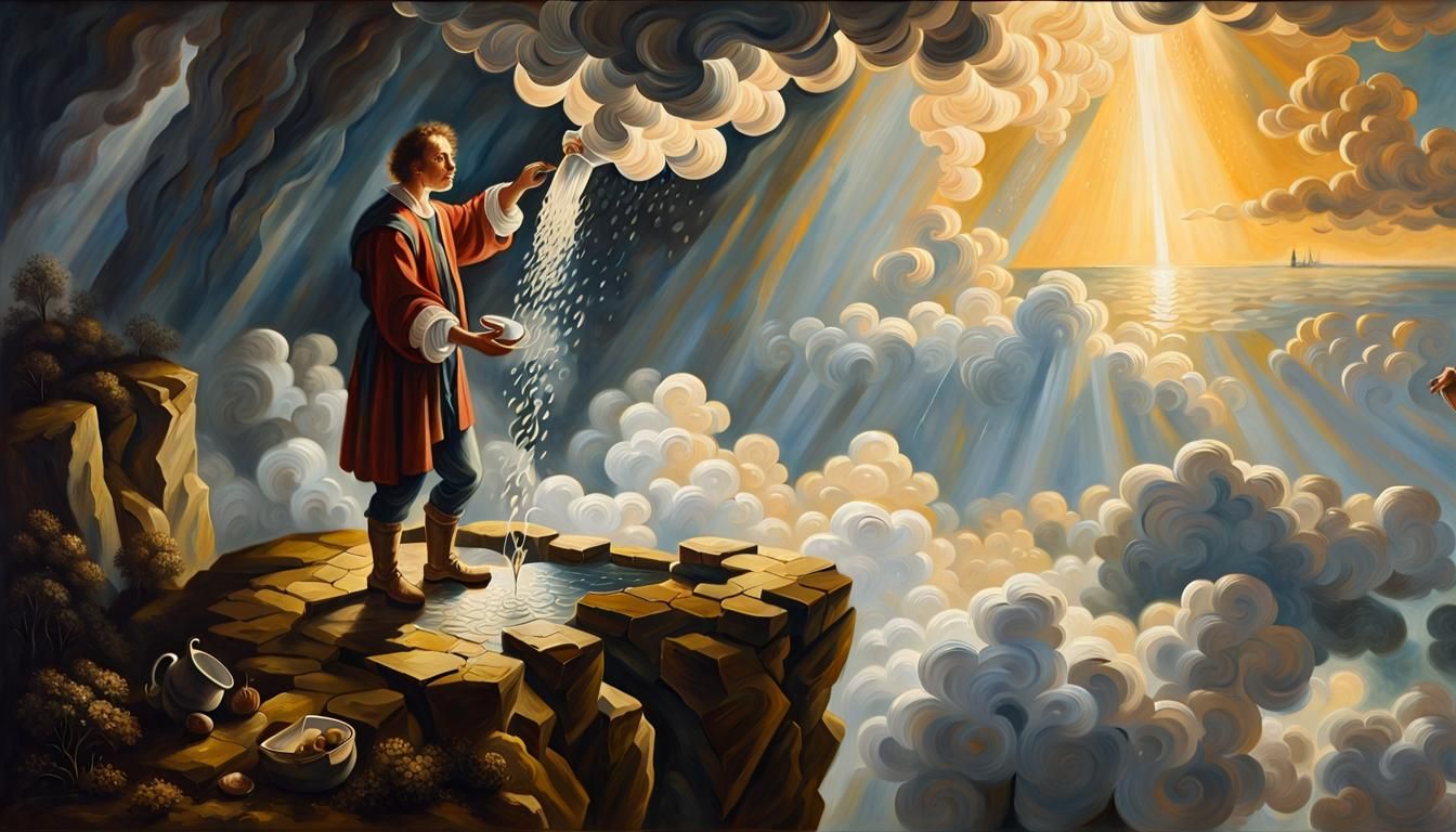 Rainmaker Pouring Water: Baroque Oil Painting