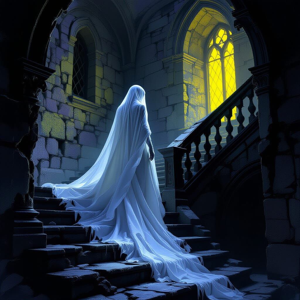Spectral White Figure Gazes From Crumbling Castle Stairs