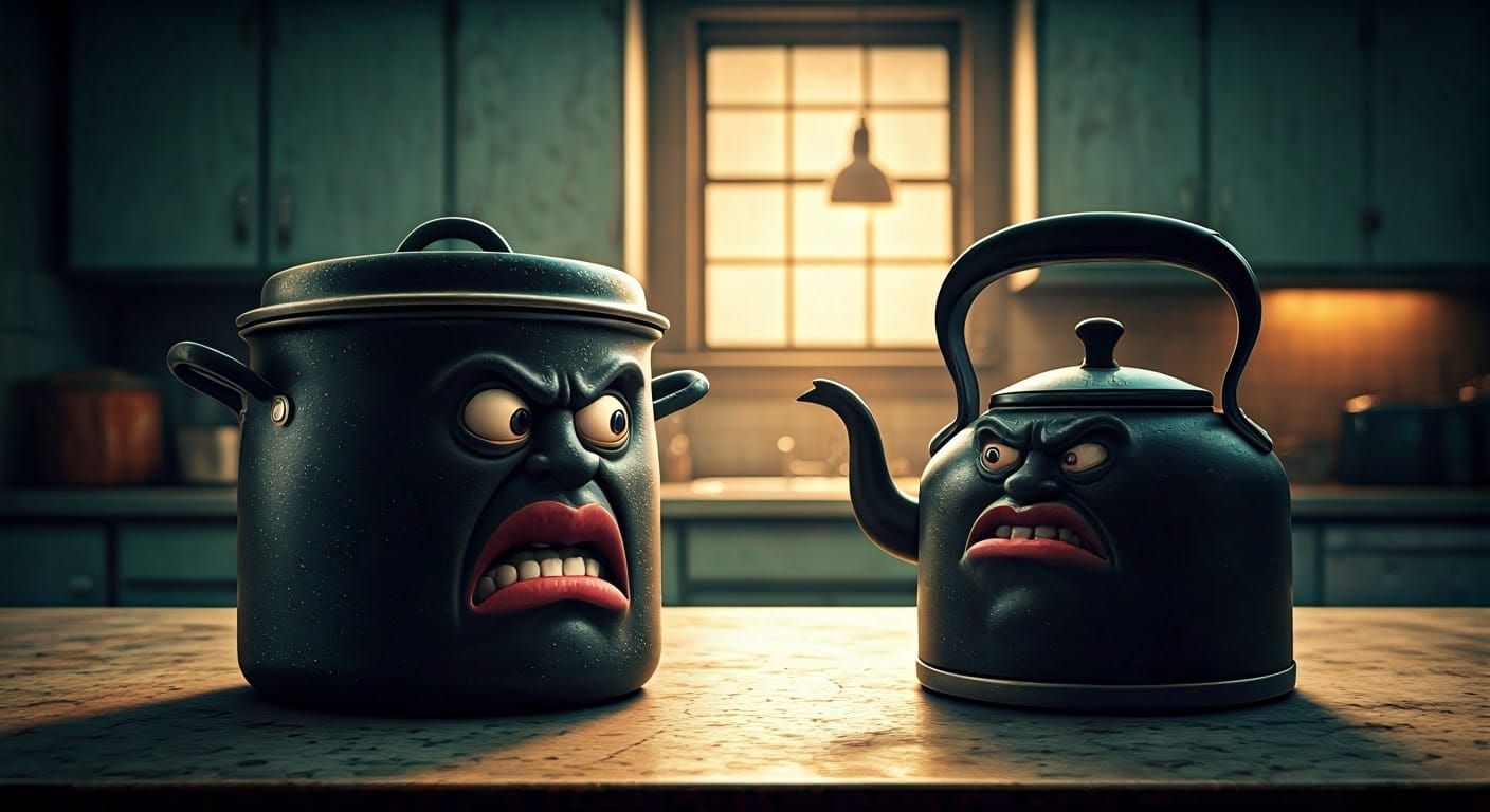 Animated Pot Scolding Kettle in Kitchen, Photorealistic Pain...