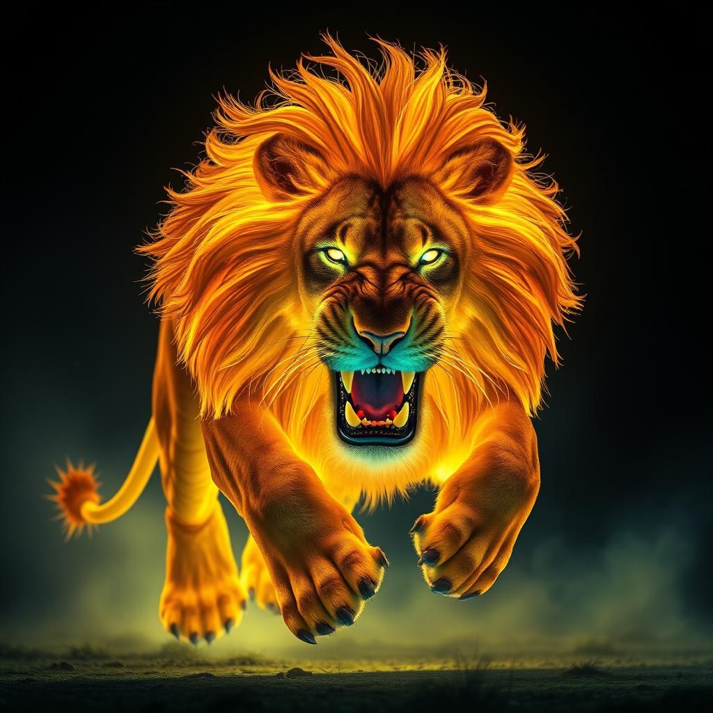 Fluorescent Lion: Epic Dark Fantasy CGI Rendering