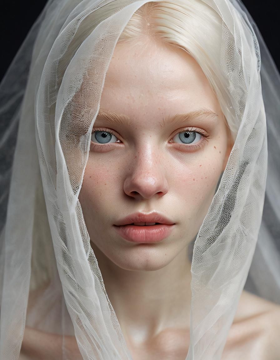 Albino Beauty in White Veil: Photorealistic Portrait