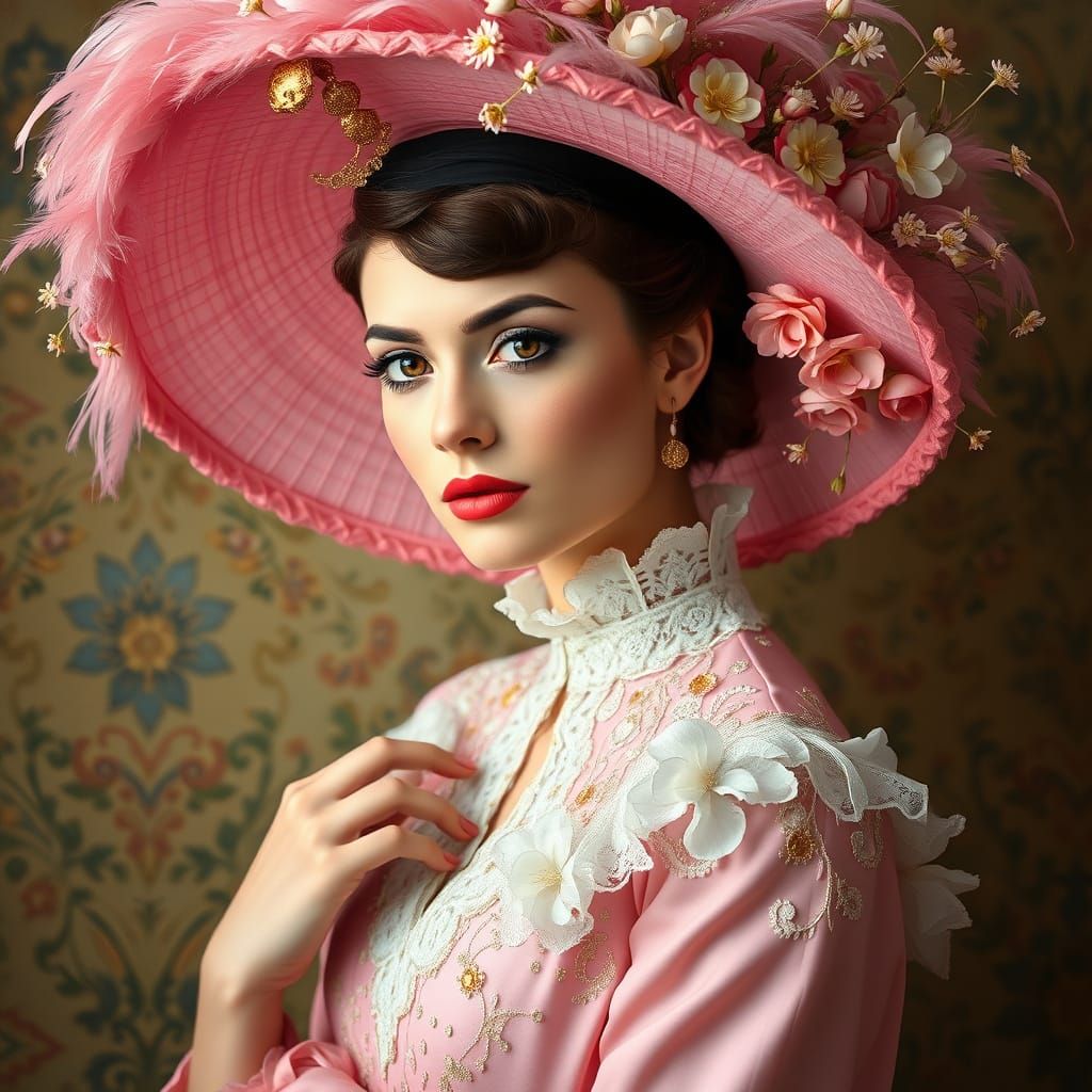 Elegant Woman in Pink Hat, Art Nouveau Style