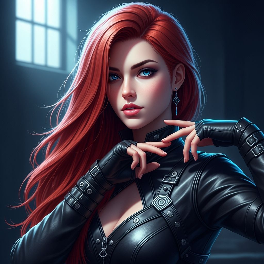 Hyperrealistic Woman with Red Hair in Leather Outfit