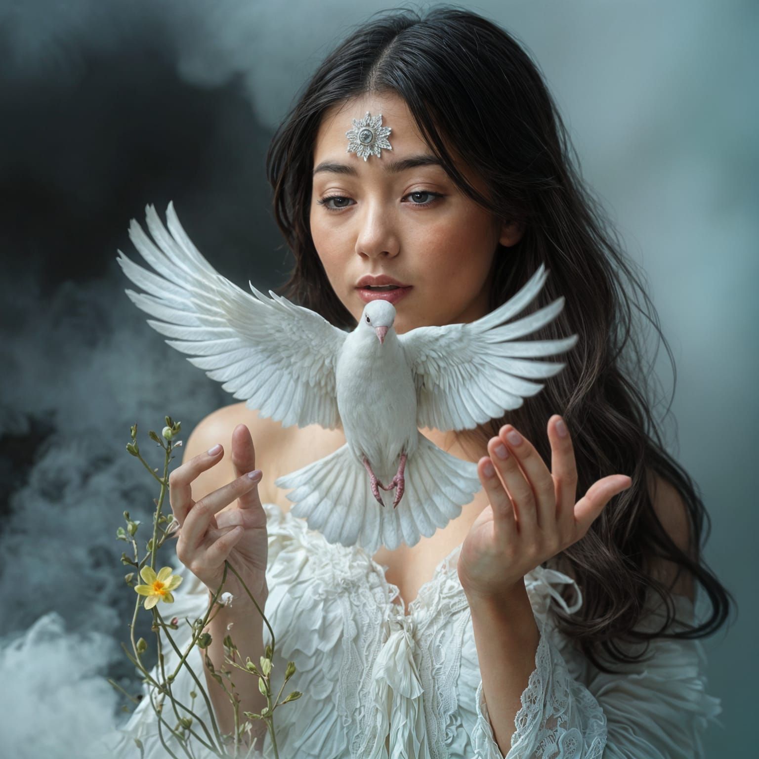 Ethereal Dove Released into Misty Clouds