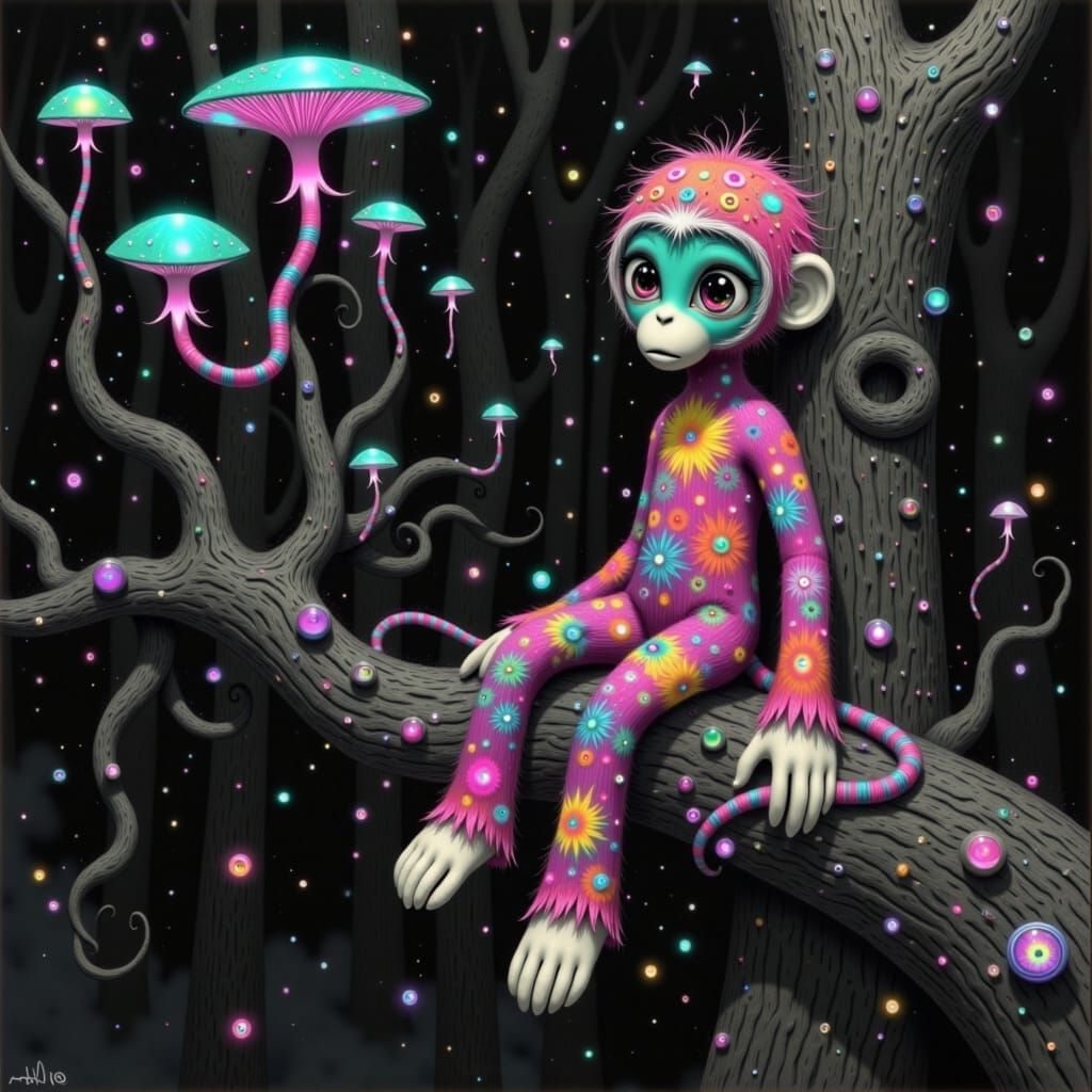 Surreal Forest Scene with Abandoned Sock Monkey