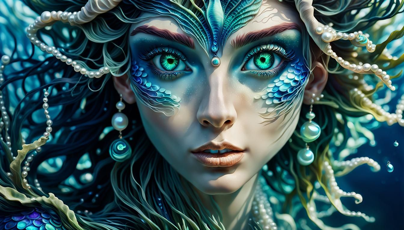 Surreal Water Witch Portrait with Iridescent Jewelry