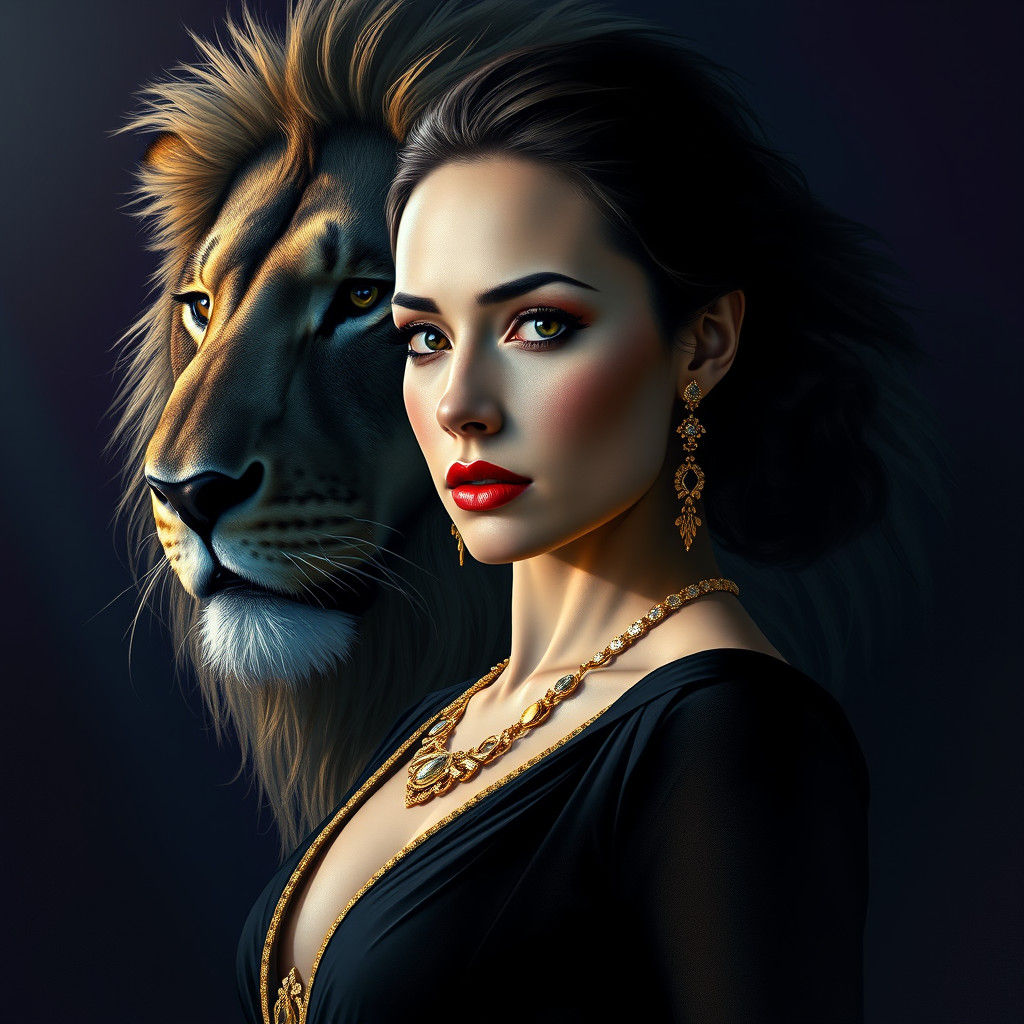 A beautiful portrait of a woman's stern face, juxtaposed with a Lion, against a rich, colorful background