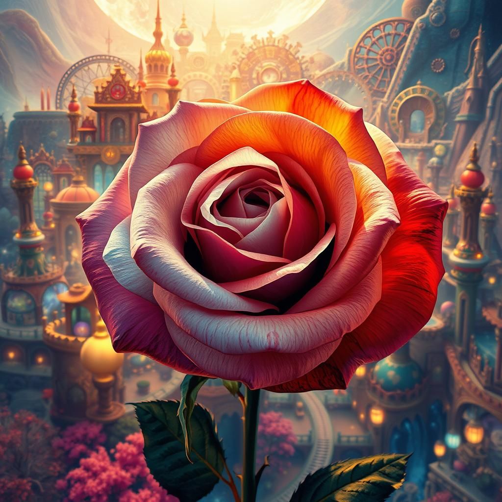 Liquid Ink Rose in a Vibrant Fantasy Village
