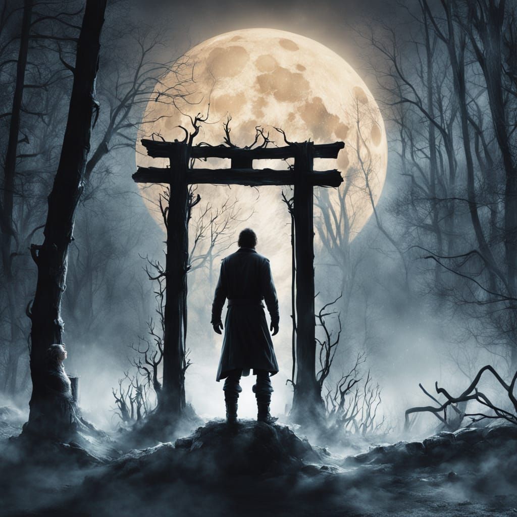 Ethereal Male Stands Before Pagan Gate in Dark, Gothic Fores...