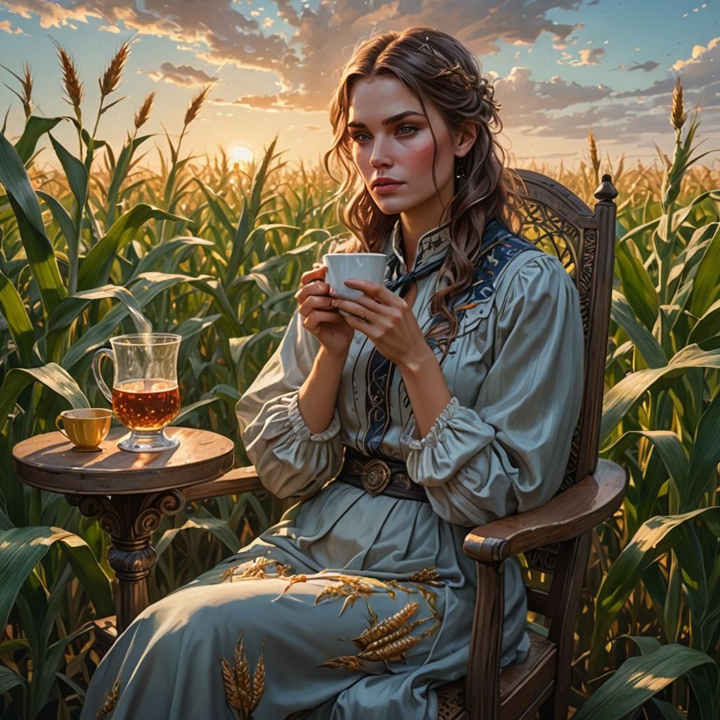 Woman Sipping Tea in Cornfield: Hyperdetailed Portrait