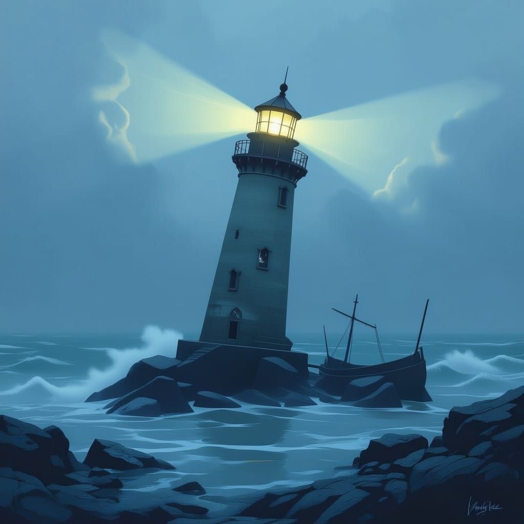 Worried Lighthouse Guides Shipwreck in Stormy Sea