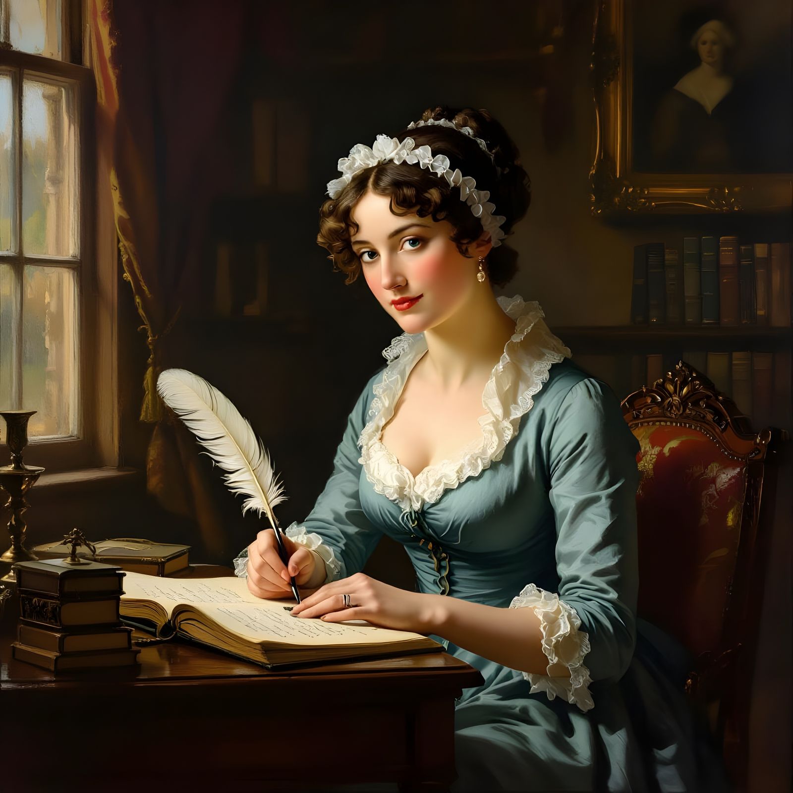 Jane Austen Writes Pride and Prejudice in Cozy Parlor