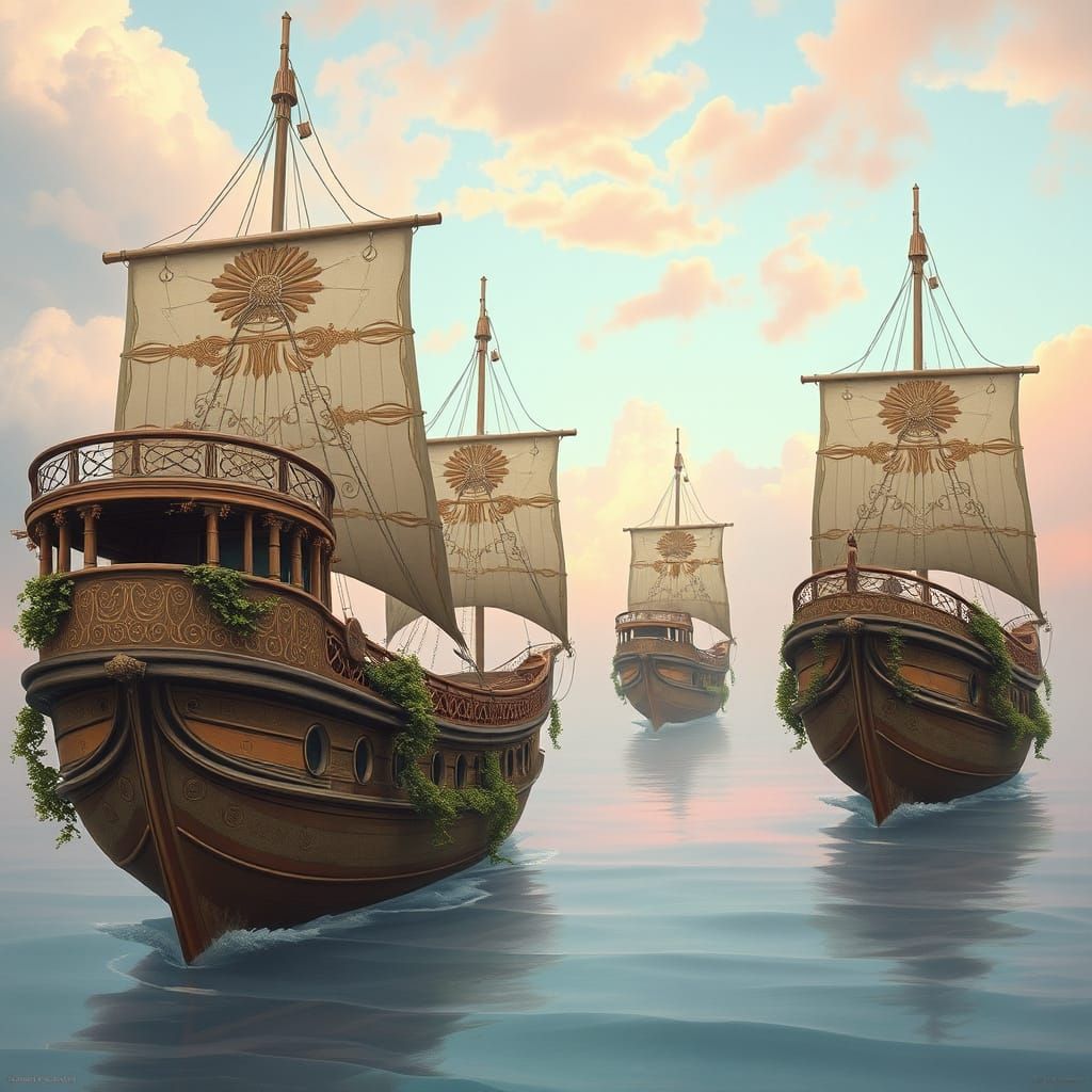 Botanical Galleons Drifting in Pastel Sky as Surreal Art