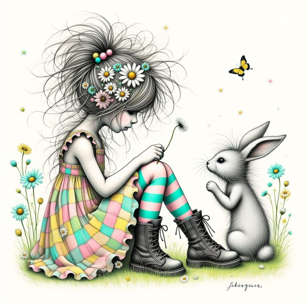 Girl Petting a Bunny Watercolor Sketch