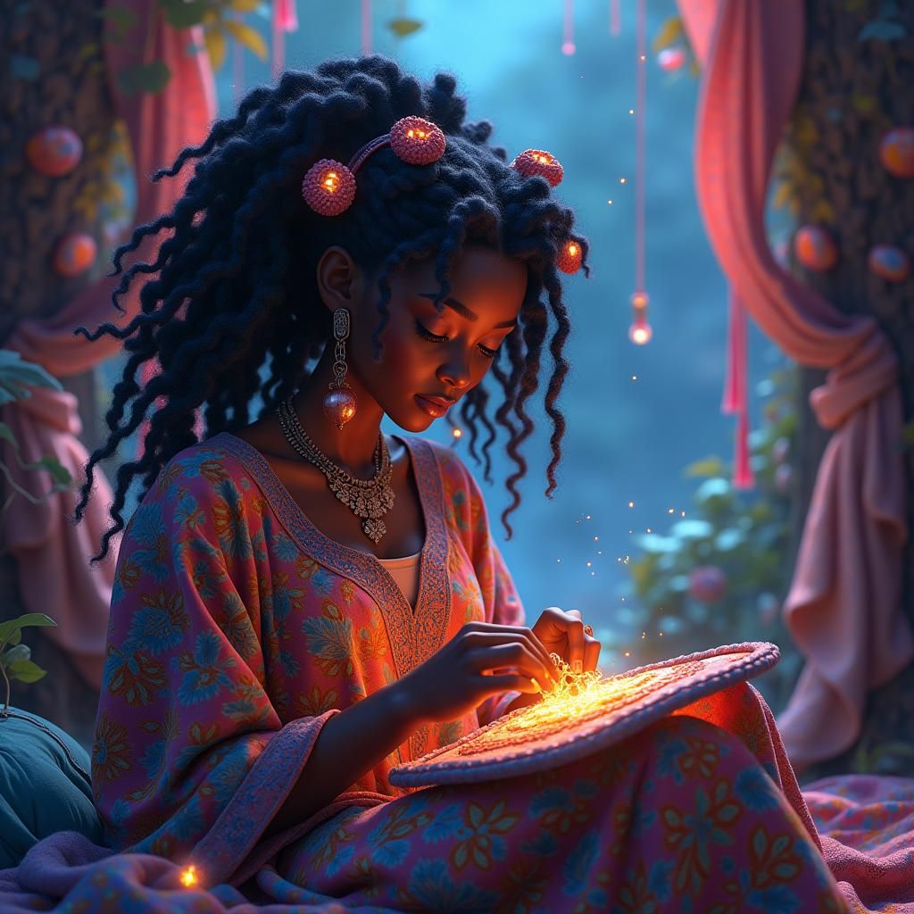 Anime Woman Crocheting Ethereal Tapestry in Dreamlike Settin...