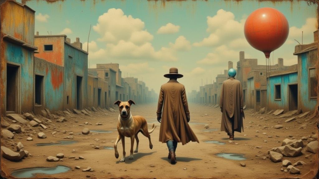 Wanderer Encounters Strange Figure in Surreal Deserted City