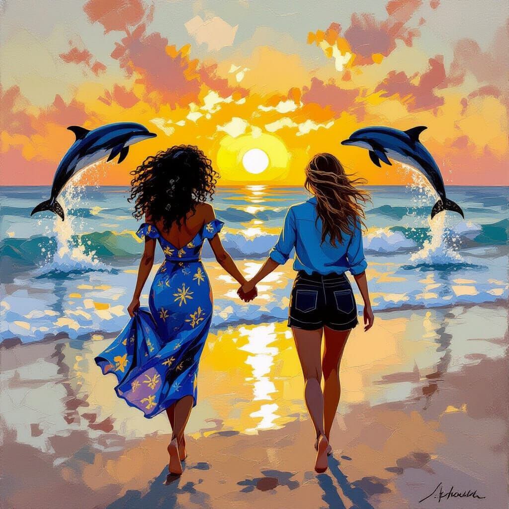 Spanish Women on Beach at Sunset with Dolphins, Impressionis...