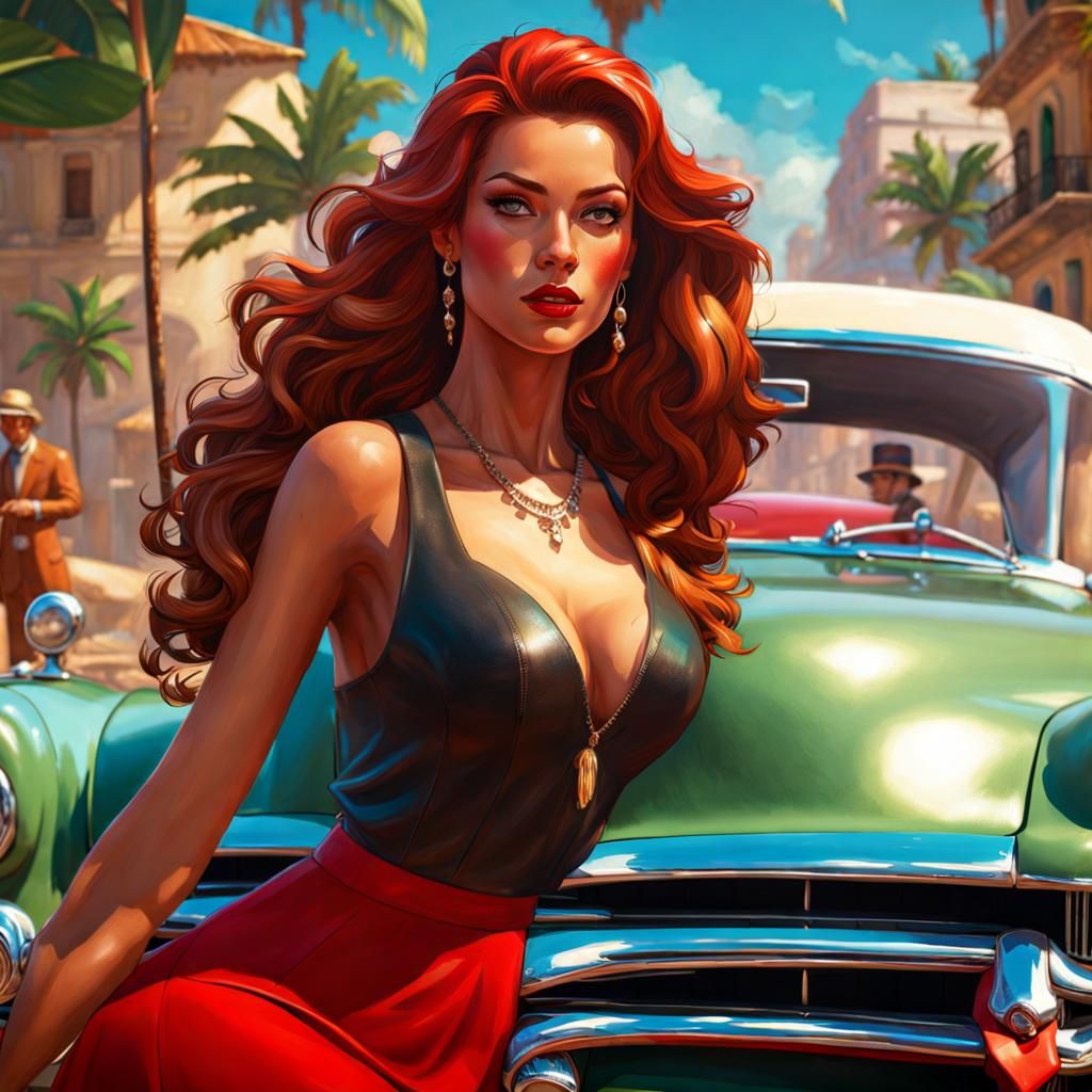 Beautiful Cuban Woman with Classic Car in Havana