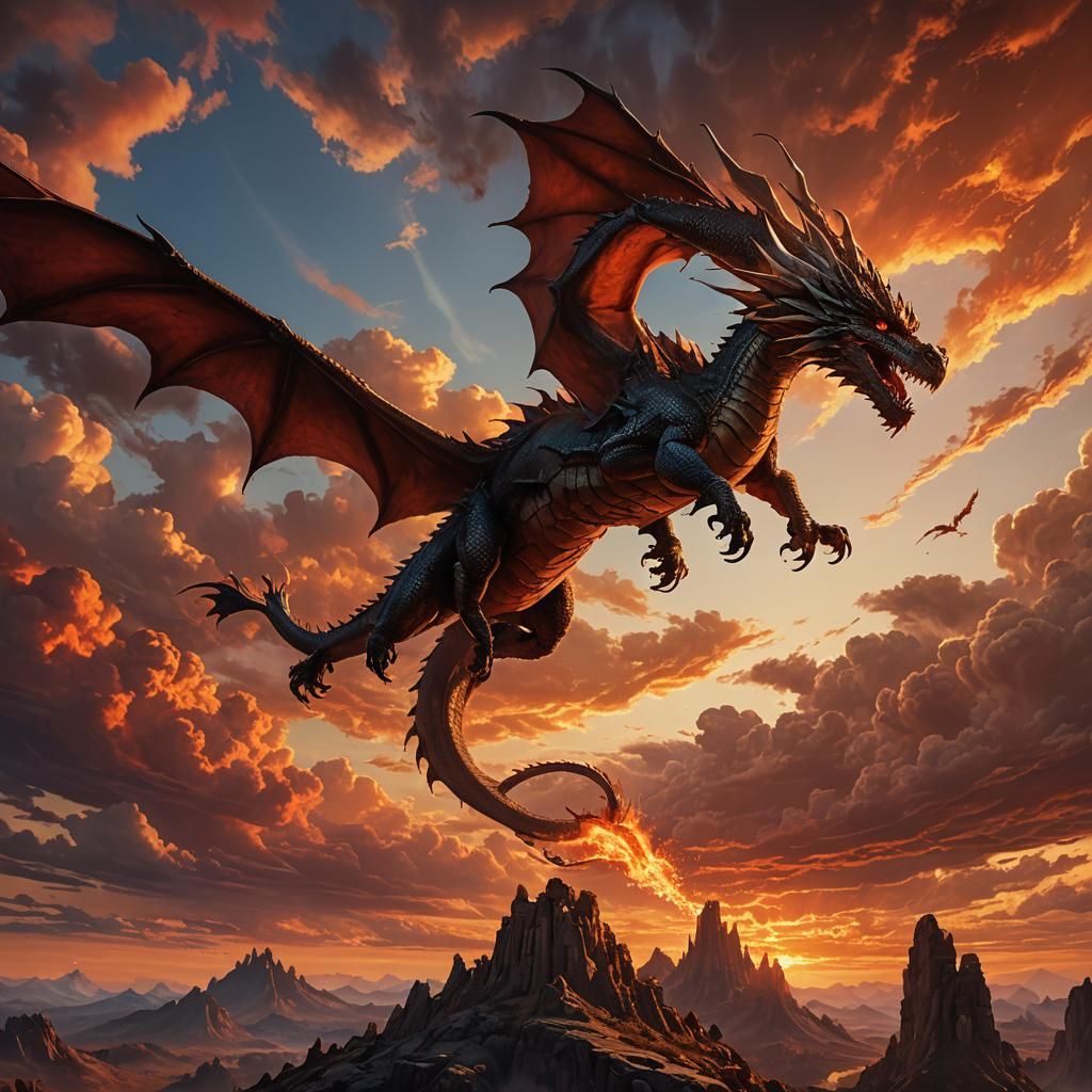 Majestic Dragon Soaring at Sunset, Fantasy Illustration