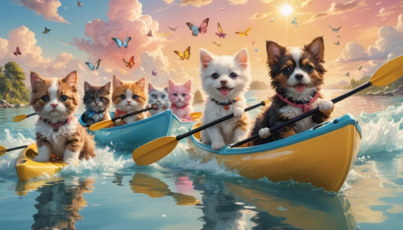 Puppies and Kittens Kayaking in a Cloud Kingdom