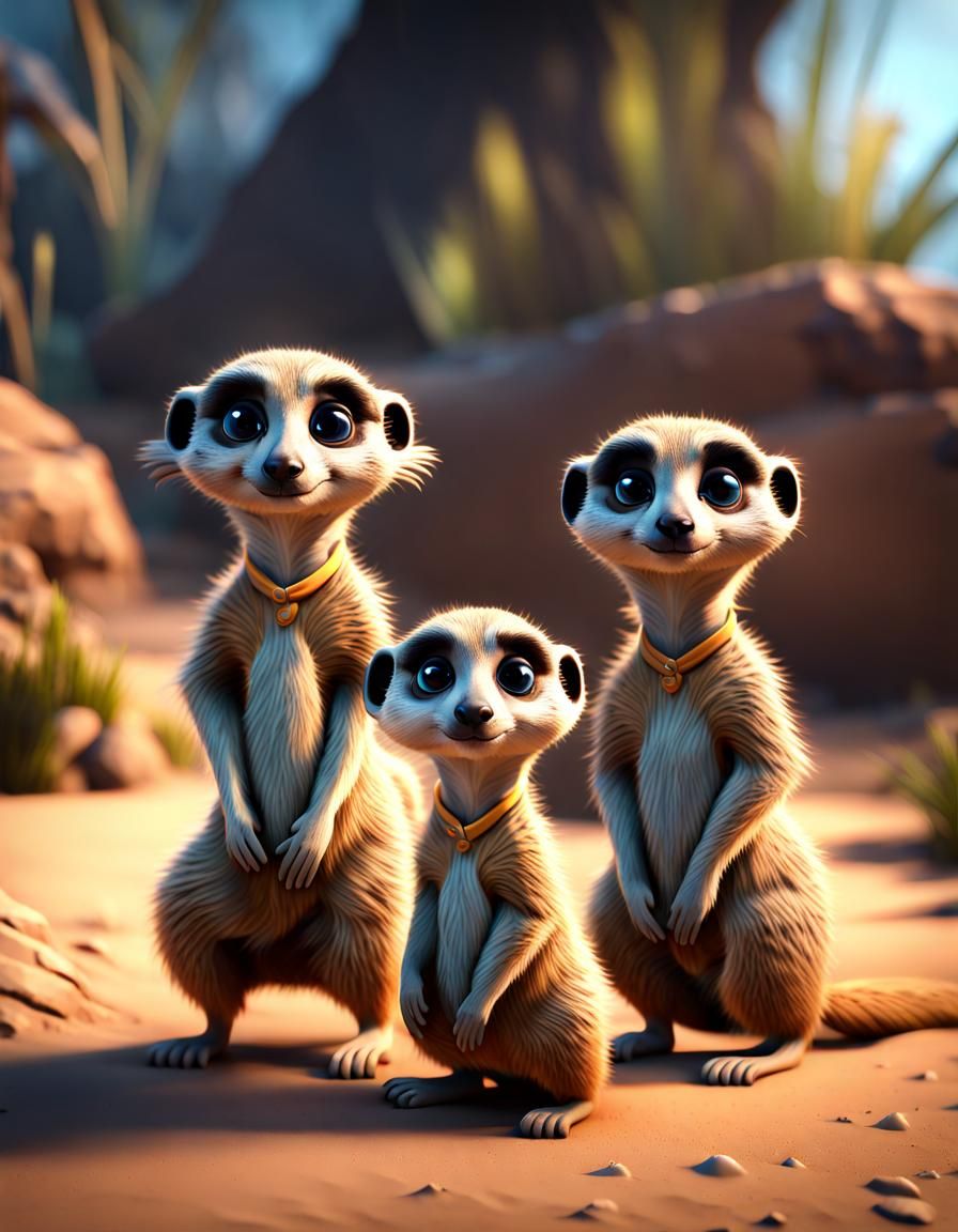 Detailed 3D Portrait of Meerkat Family
