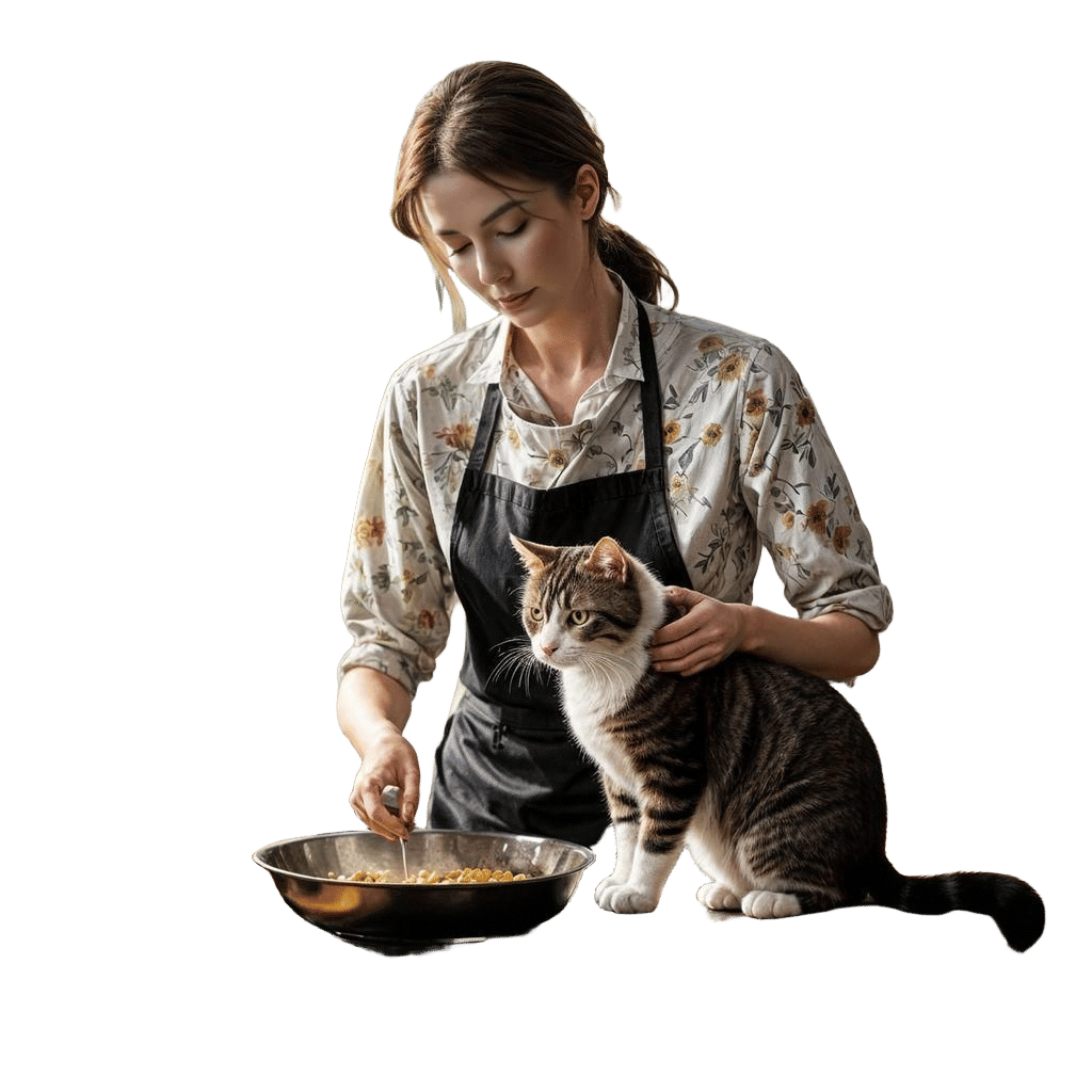 Woman Cooking with Cat in Kitchen at Golden Hour