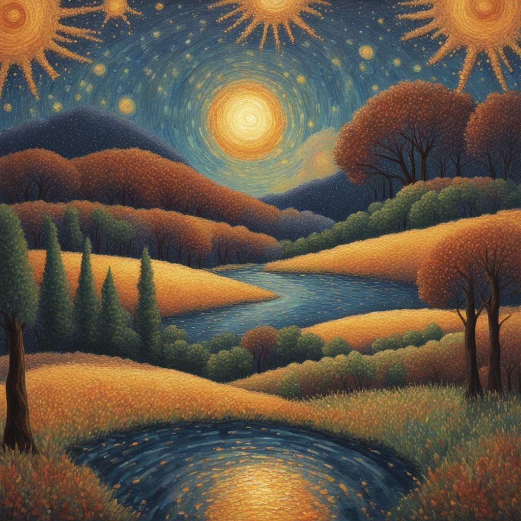 Starry Night Sun: A Cinematic Pointillist Landscape