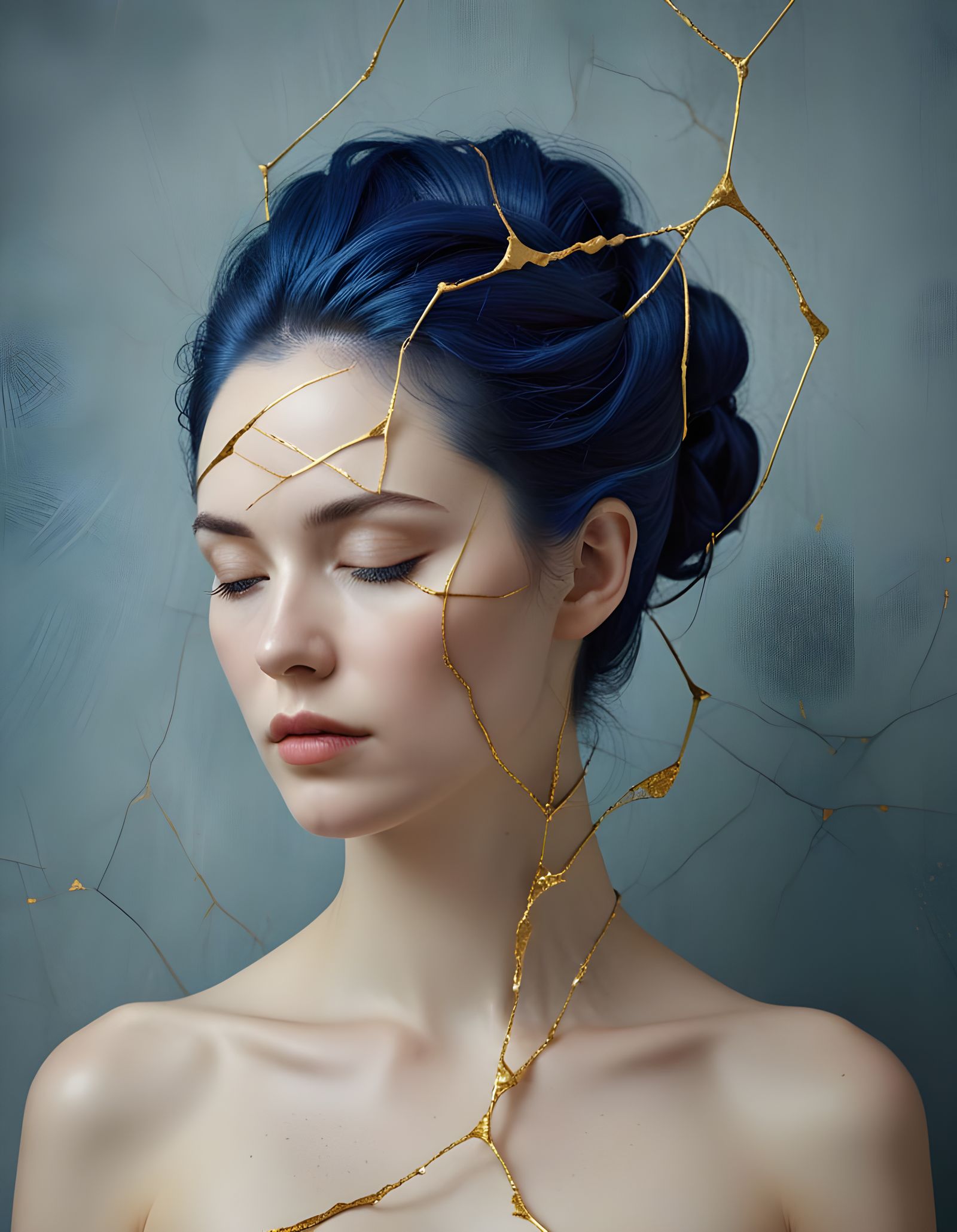 Kintsugi Portrait with Marble and Silk Background